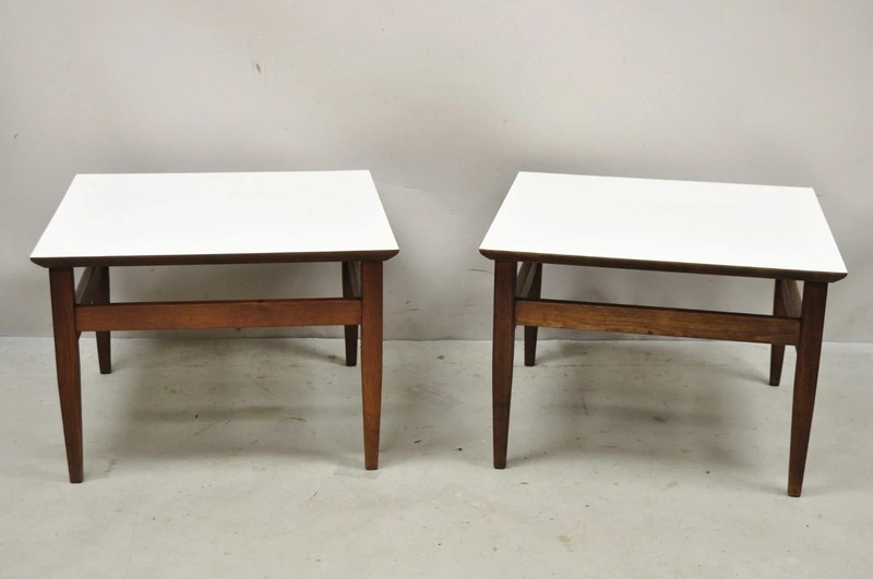 Vintage Mid Century Modern Walnut Base Laminate Top Low Side Tables - a Pair gallery