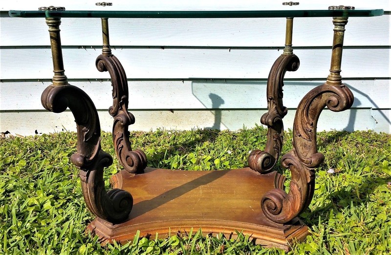 Vtg Weiman Heirloom Quality Side End Table Hand Carved Wood Glass Brass gallery