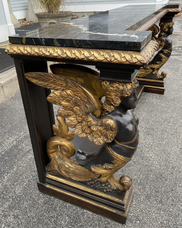 19th/20th c Gilt & Ebonized Marble Top Pier Table with Winged Caryatid Supports gallery