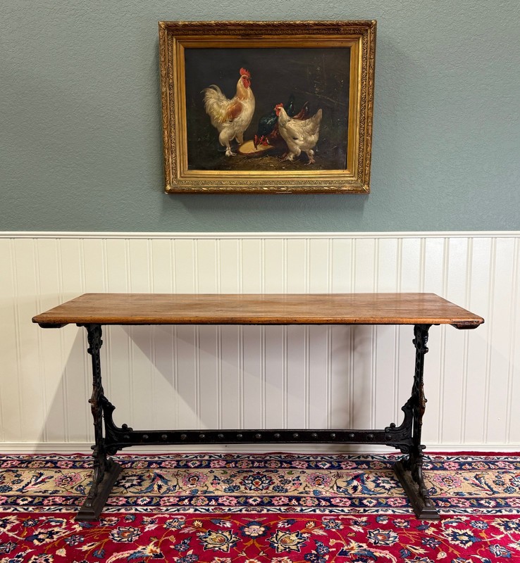 Antique English Bakers Table Sofa Entry Hall Kitchen Island with Cast Iron Base