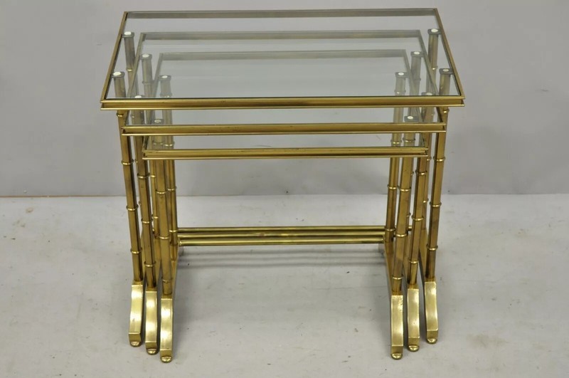 Mastercraft Hollywood Regency Brass Faux Bamboo Glass Top Nesting Side Tables gallery
