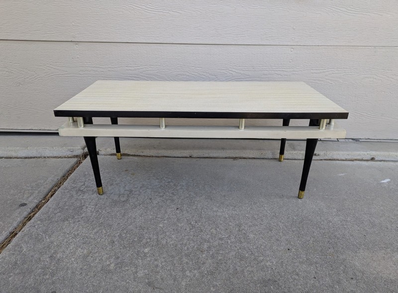Vintage Mid Century Modern Atomic Formica Coffee Table Wood Brass Tapered Legs gallery
