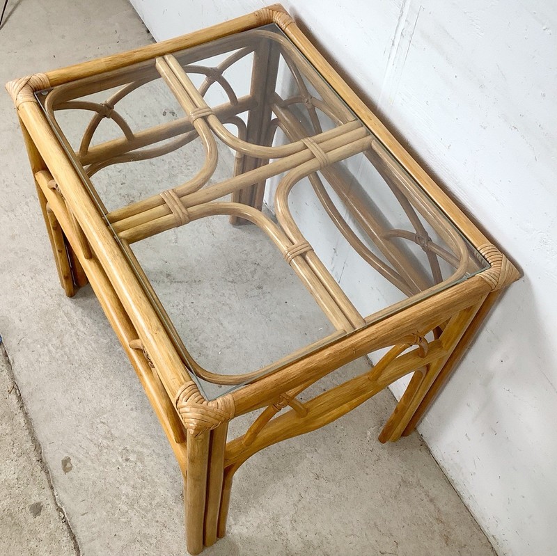 Vintage Rattan Bamboo Side Table Glass Top 1970s 1980s Boho Coastal MCM gallery