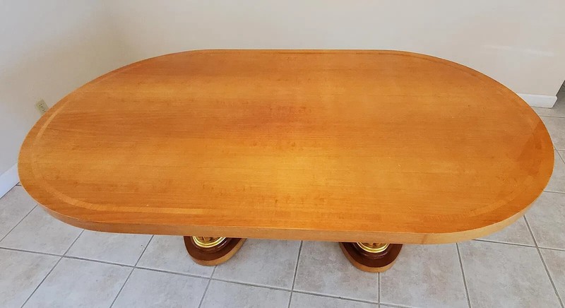 An Art Deco Style Oval Top with Two Fluted Pedestals Blonde Wood Dining Table gallery