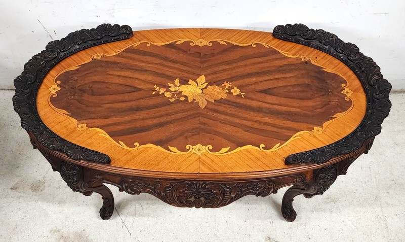 French Louis XV Coffee Table Walnut Marquetry gallery