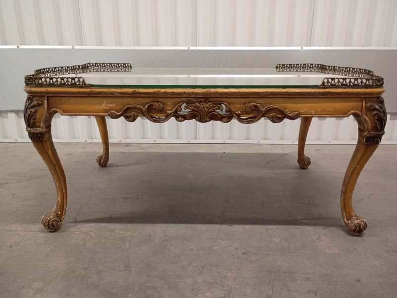 Ornate Hand Carved Wood FRENCH STYLE Inlaid Top Coffee Table with Glass Top gallery