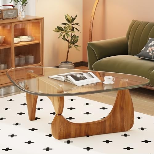 Mid Century Modern Coffee Table for Living Room - Glass Top, Walnut Finish, Styl gallery