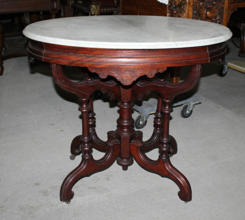 Antique Victorian Marble top Walnut Table – Oval shaped gallery