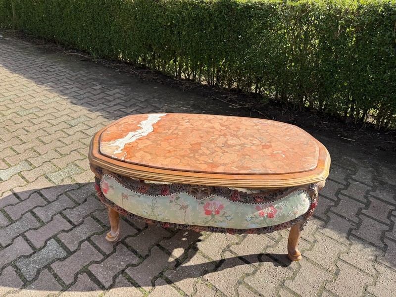 Coffee Table French Louis XVI 1950 Mahogany Marble Floral Damask Salon Table gallery