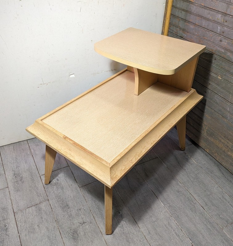 Vintage Mid Century Modern Atomic 2-Tier Blonde Formica Wood Step End Table