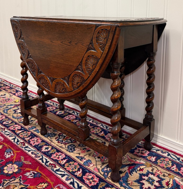 Antique English Table Drop Leaf Gateleg CARVED TOP Barley Twist Oak c. 1920-30s gallery