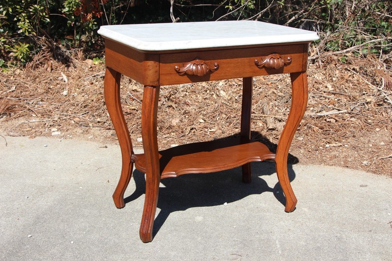 Walnut Victorian Marble Top Writing Table Desk with Shelf and Drawer gallery