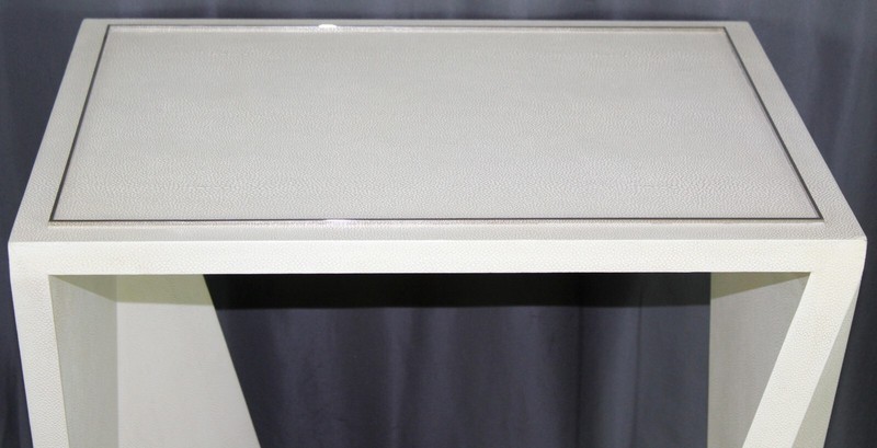 Eduard end table by Theodore Alexander, leather wrapped, stainless trim - clean gallery