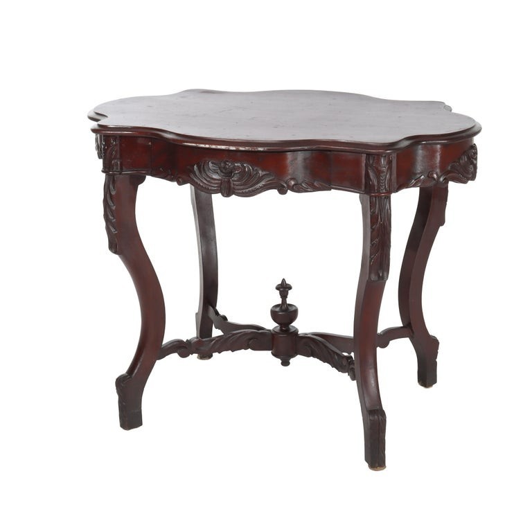 Antique Carved Flame Mahogany Turtle Top Table C1880 gallery
