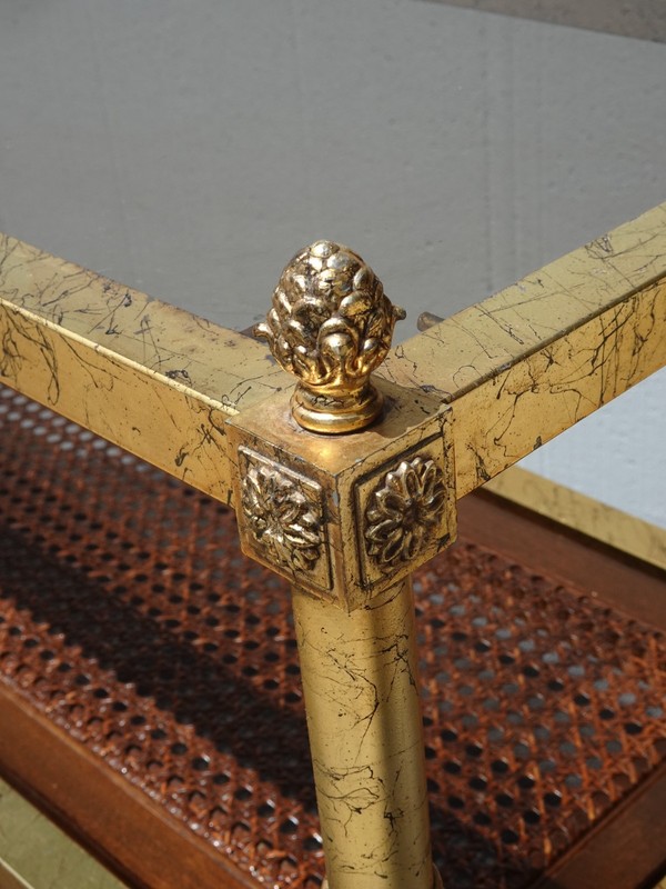 Vintage Hollywood Regency Gold Console Table Sofa Table w Cane Shelf gallery