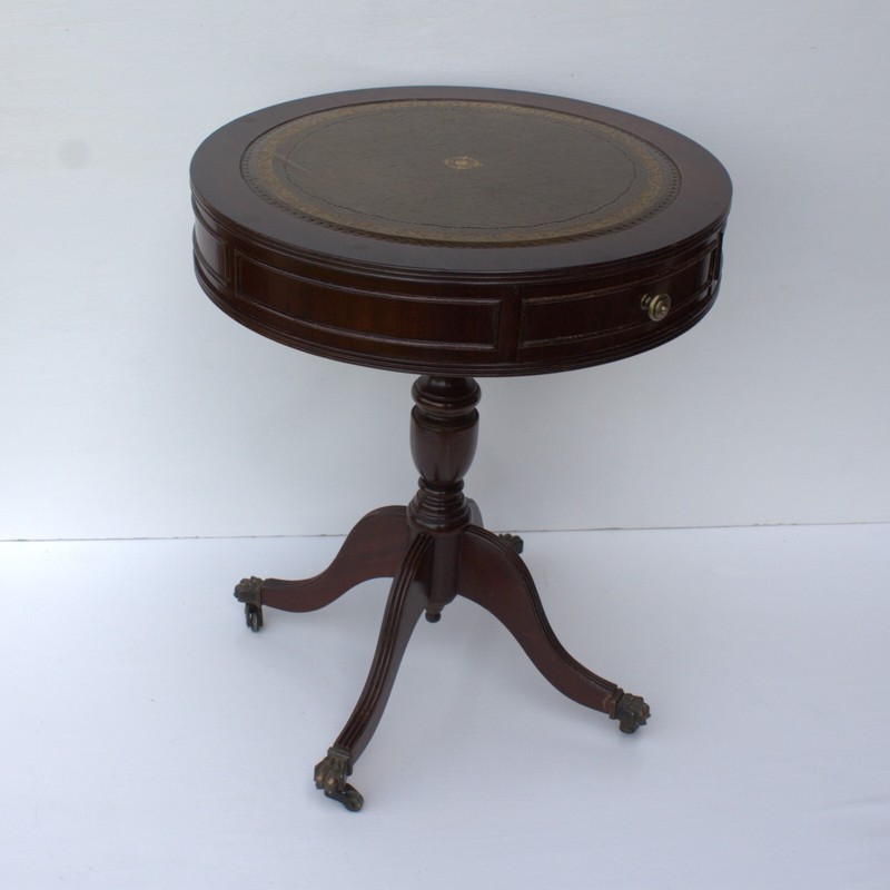 Edwardian style wood drum table 2 drawers leather top brass claw legs furniture gallery