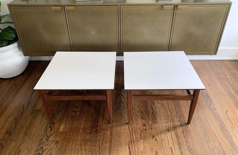 Vintage Mid Century Walnut Base Laminate Top Low Side Tables – a Pair