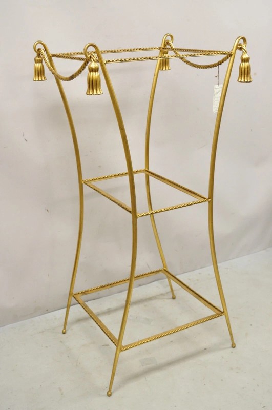 Italian Hollywood Regency Iron Rope Tassel Gold 3 Tier Etagere Stand Side Table gallery