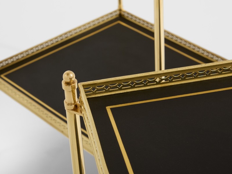 Maison Jansen pair of two-tier side tables brass black leather 1960s gallery