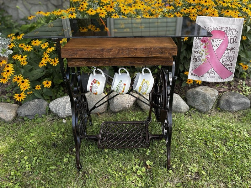 Vintage Treadle Sewing Table Glass Top w/ Mug Hooks Coffee Station Display Shelf