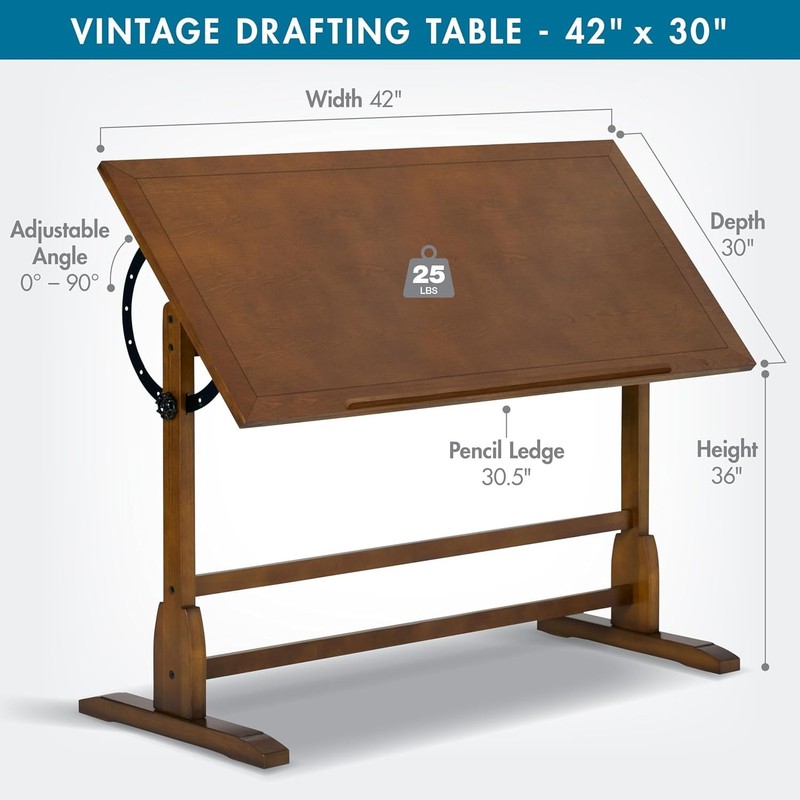 Antique Design Drafting Table with Pencil Groove Adjustable Angle Rustic Oak gallery