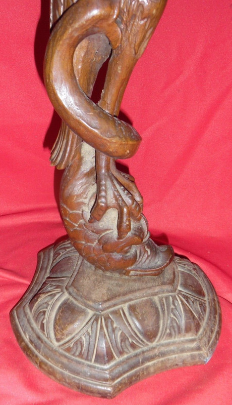Antique Carved Wood Table / Stand Pedestal Base w/ Pelican Bird & Fish - 25" gallery