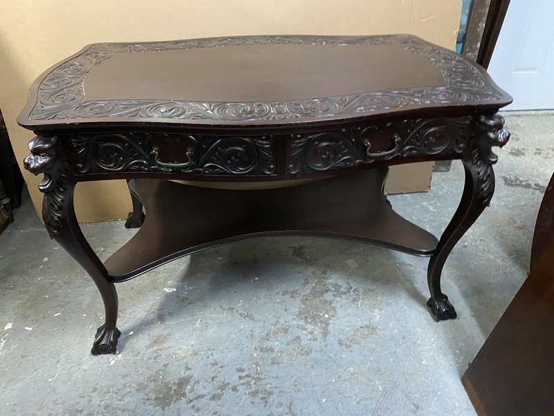 R. J. HORNER MAHOGANY CARVED GRFFIN LIBRARY TABLE