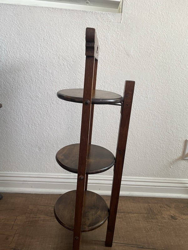 Vintage 3 Tier Wood Display Table Dark Oak Foldable 27-1/2” Tall, Shelves 7-1/2” gallery
