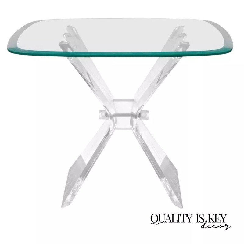 Mid Century Modern Lucite Butterfly Glass Top Side Table after Lion in Frost
