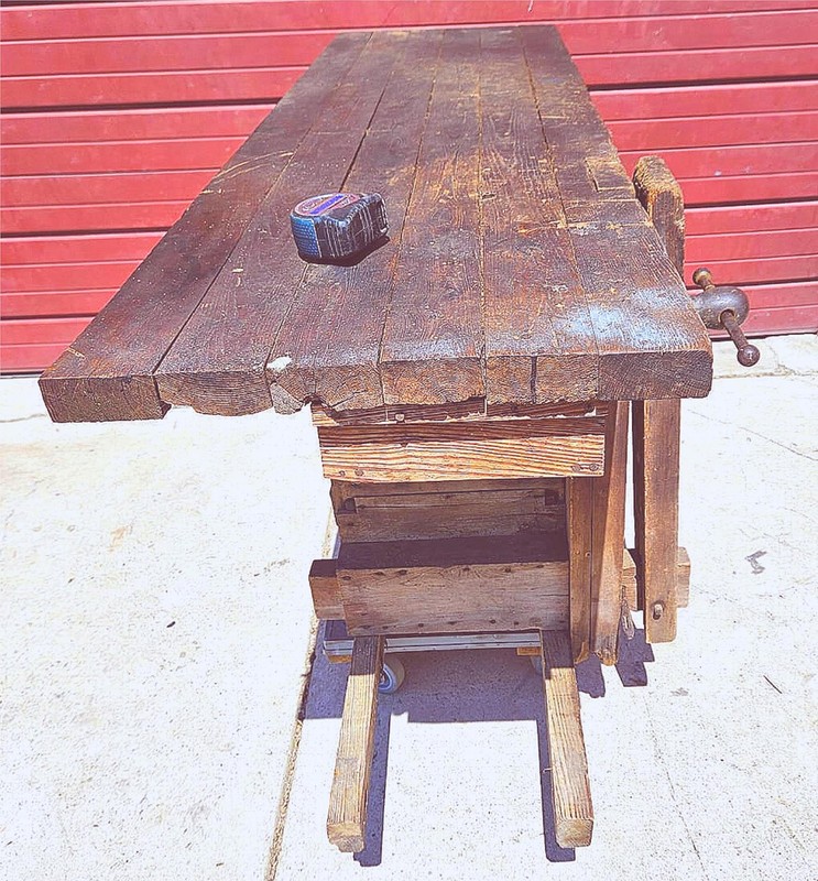 VINTAGE RUSTIC PINE CARPENTER WORKBENCH w IRON VICE CLAMP & STORAGE TRUNK TOOLS gallery