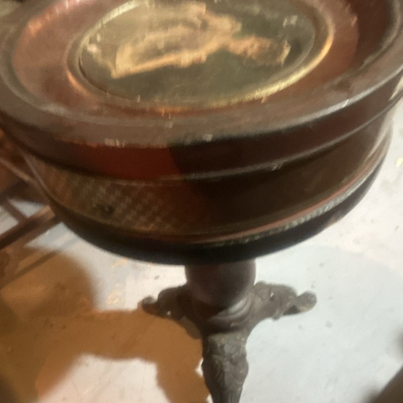 Antique metal Accent Table, Victorian Top, Brown Gold Finish, iron bottom gallery