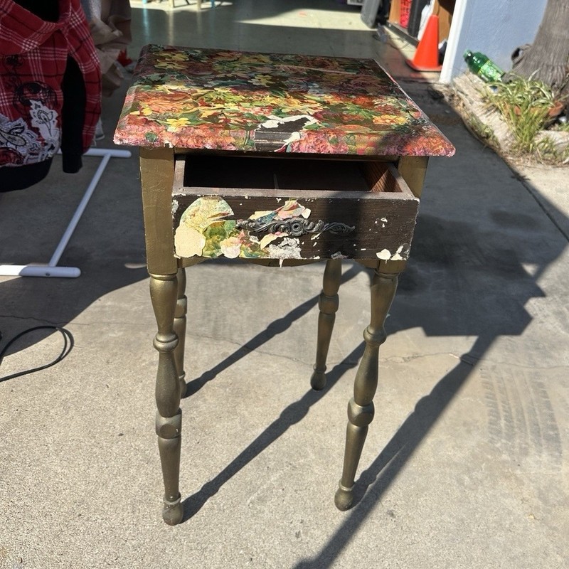 Antique Wooden Rectangular Side Table with Floral Painted Top and Single Drawer