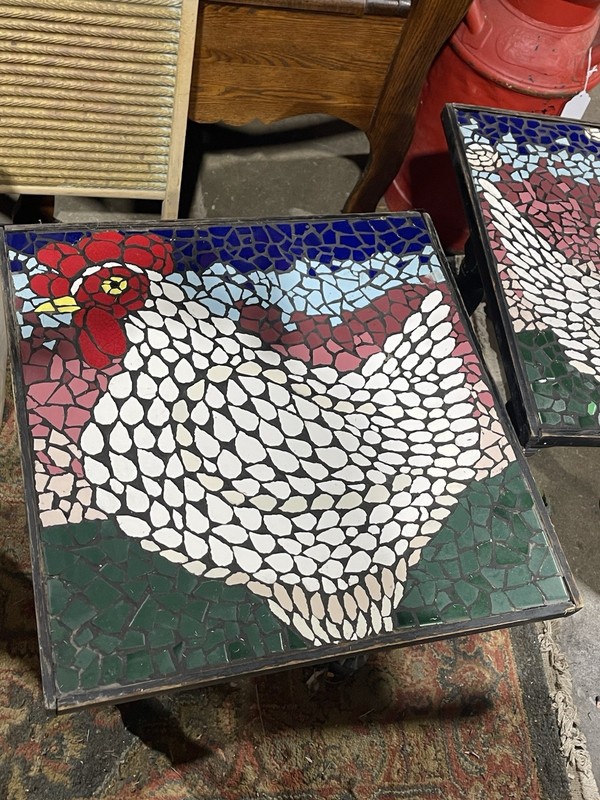 Pair Of Antique French Country Mosaic Chicken Rooster Side Tables Farmhouse gallery