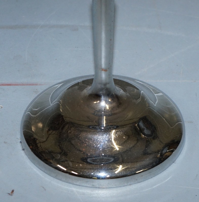 PAIR OF CHROME PLATED VINTAGE SIDE TABLES ON SOLID OAK BASES PART OF LARGE SUITE gallery