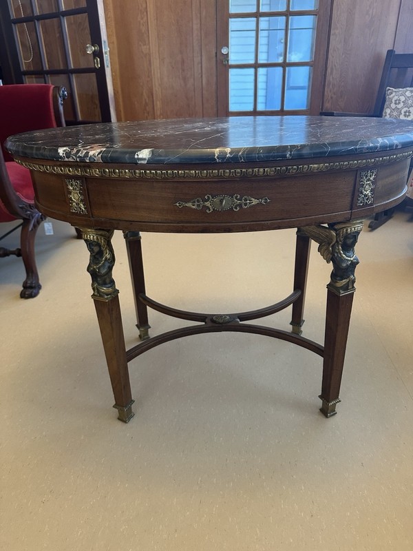 Antique FRENCH EMPIRE Mahogany SIDE TABLE CENTER TABLE with Marble DRAWER & KEY