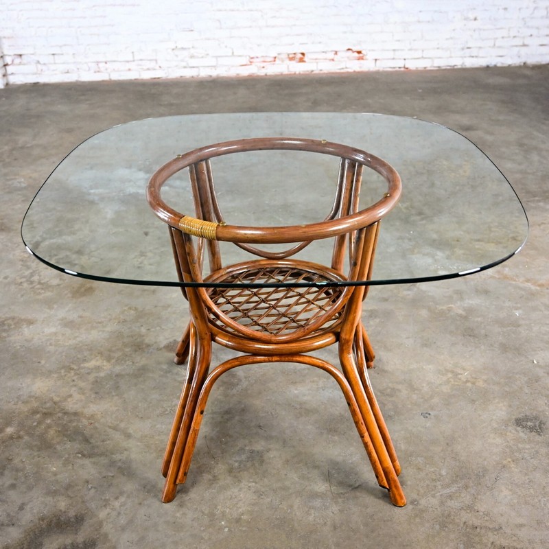 Coastal Island Style or Hollywood Regency Rattan Glass Top Dining or Game Table gallery