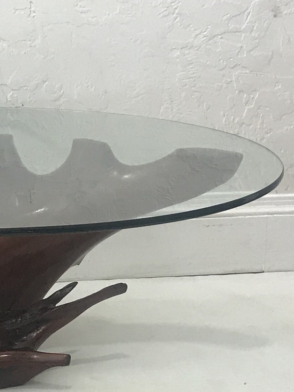 Mid Century Spanish Walnut Root Glass Top Coffee Table gallery