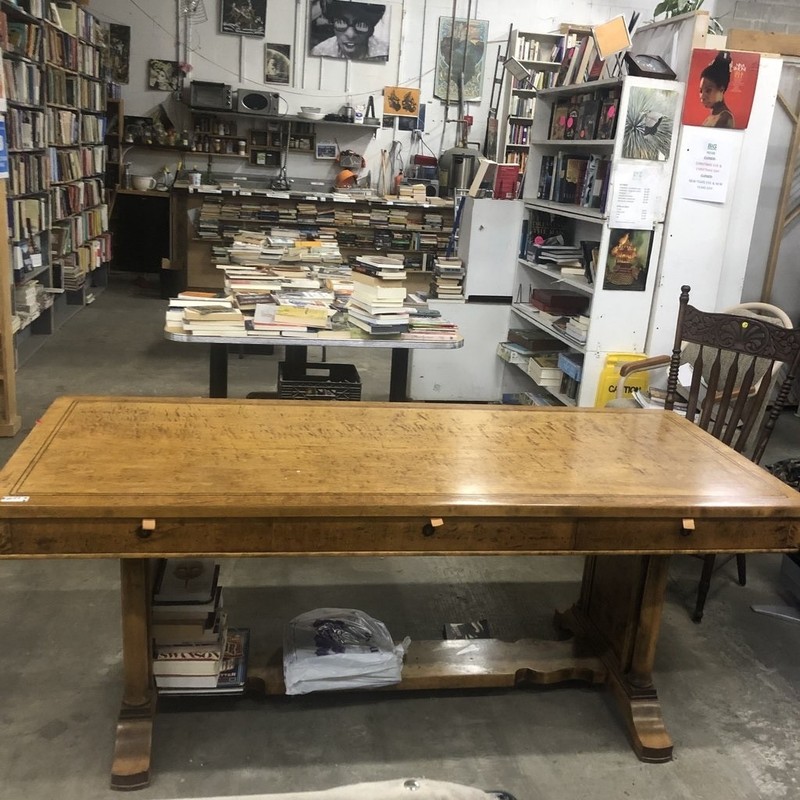Vintage Tiger Maple Trestle Style Library Console Table gallery