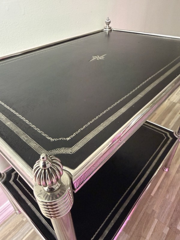 Gorgeous THEODORE ALEXANDER Side Table ( Used ) Black Leather And Silver Accent gallery