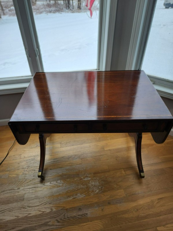 Vintage Hathaways Mahogany Drop-Leaf Table With Dual Drawers & Brass Casters