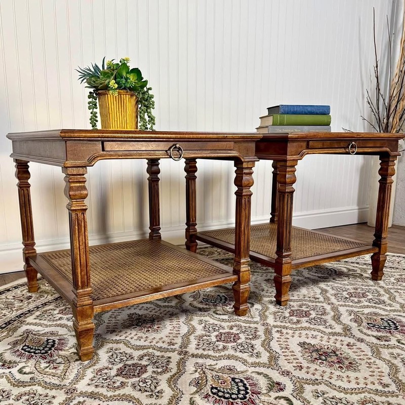 Pair Mid-Century Vintage Drexel Walnut and Cane End Tables