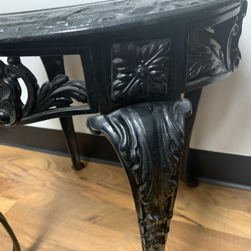 Antique 1880s Victorian Solid Cast Wrought Iron Table w/ Black Marble Top 24"L gallery