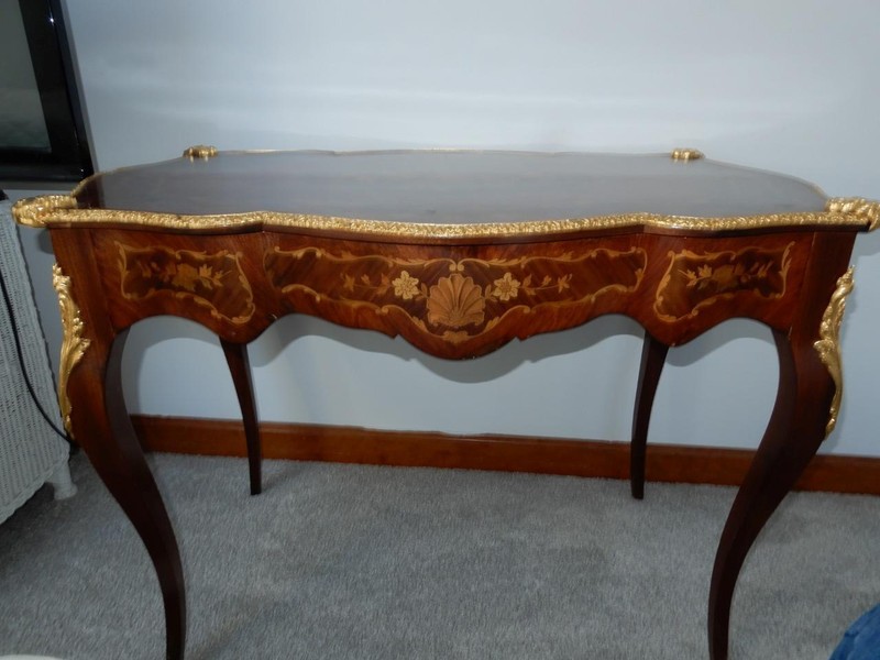 Antique French inlaid console table desk with drawer ormolu gilt trim 40 inch