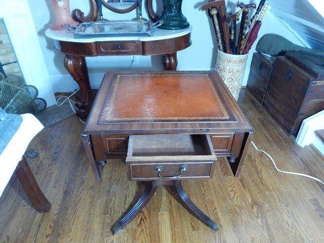 Antique Mahogany Drop Leaf Table W/ Tooled Leather Top and Leaves gallery