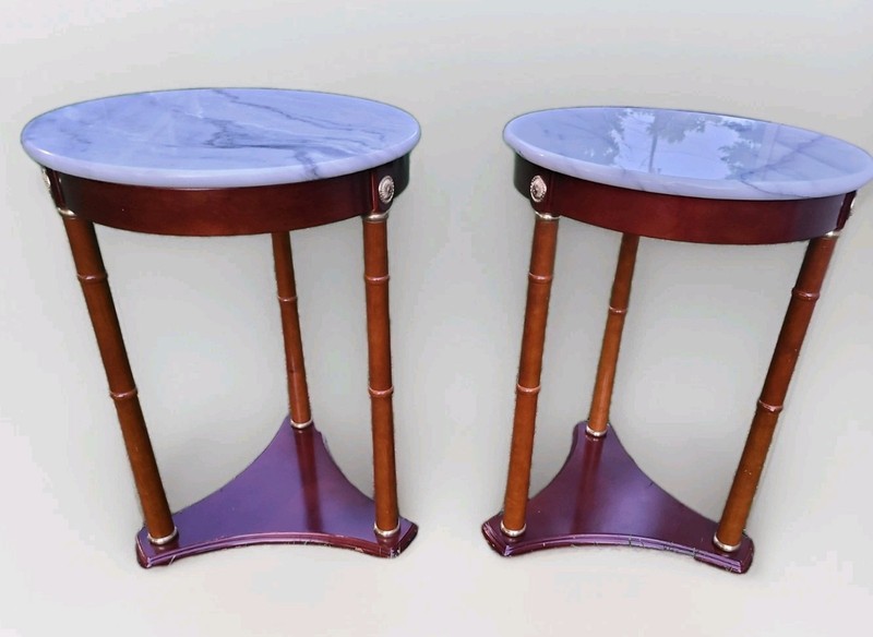 2 Vintage Pedestal Plant Stand Round Marble Top And Mahgonay Wood