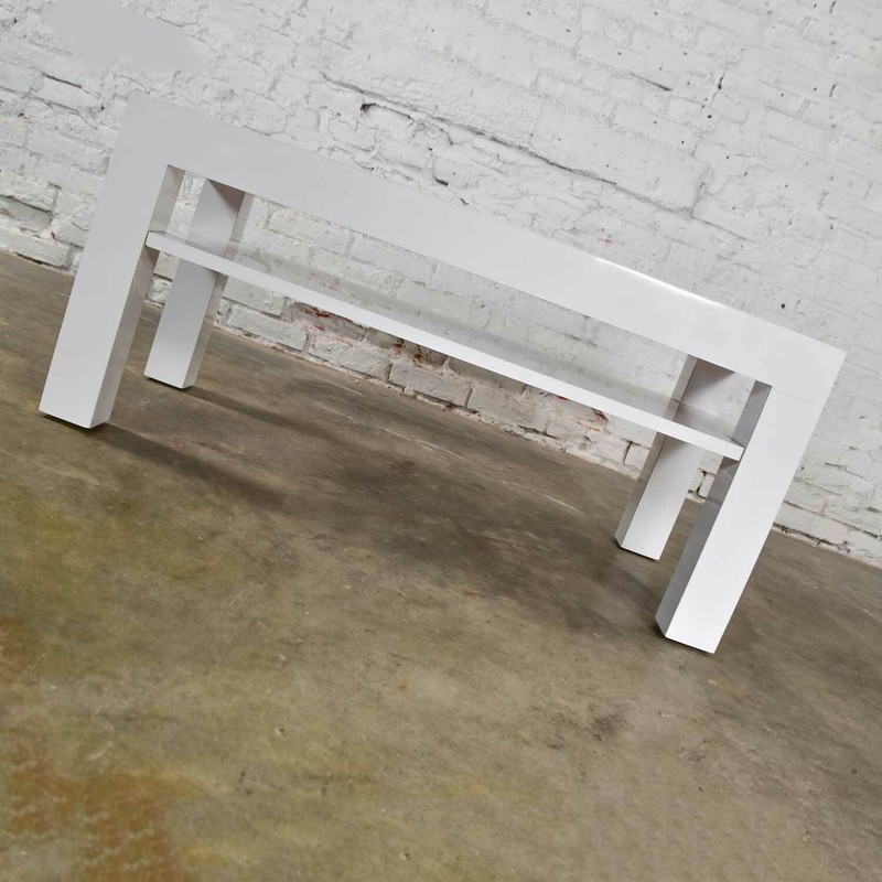 Mid-Century Modern Two-Tiered White Laminate Parson’s Style Coffee or End Table gallery