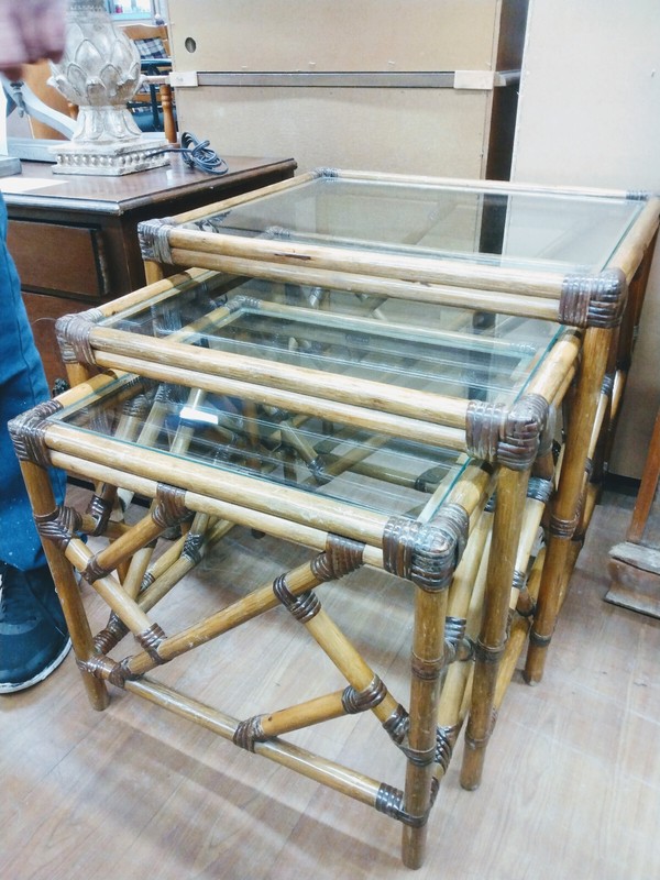 Chippendale Bamboo Rattan Nesting Tables – Set of 3 Glass Top