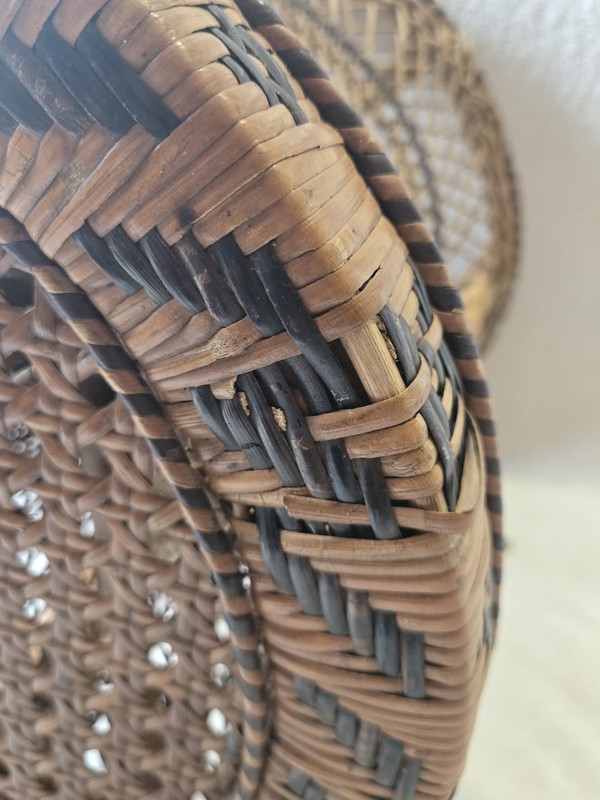 Vintage Emmanuelle Rattan SideTable Wicker Stool Peacock Ottoman Rare 1970s Read gallery