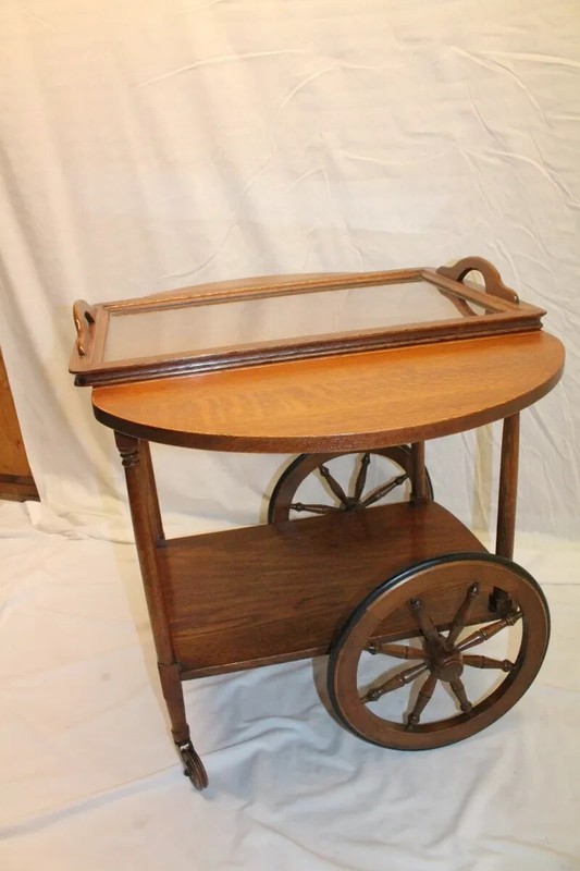 Antique Arts & Crafts Tiger Oak Drop Leaf Serving Table Tea Cart &Removable Tray gallery
