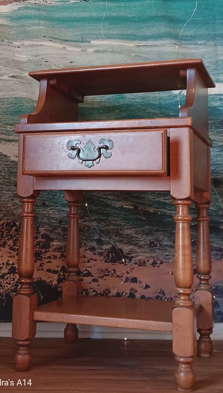 Unique Antique Oak Wood End Table From Heywood. Step Style 2 Tiers With Drawer gallery